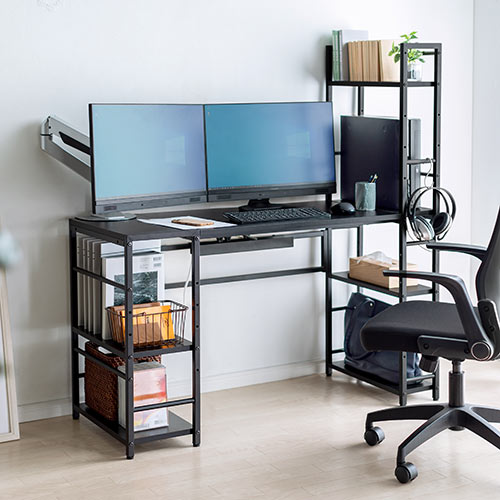 シェルフデスク(サイドデスク付きデスク・棚付きデスク・ダブル