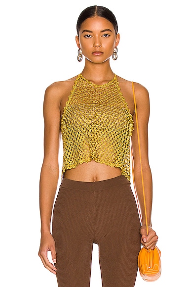 Ganni Metallic Crochet Top in Gold | FWRD