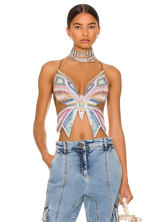 AREA Embroidered Crystal Butterfly Top in Multi | FWRD