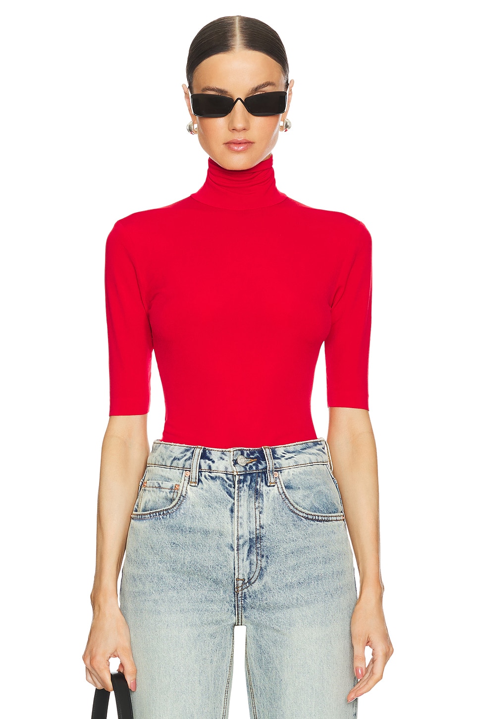 Norma Kamali Slim Fit Short Sleeve Turtleneck Top in Tiger Red
