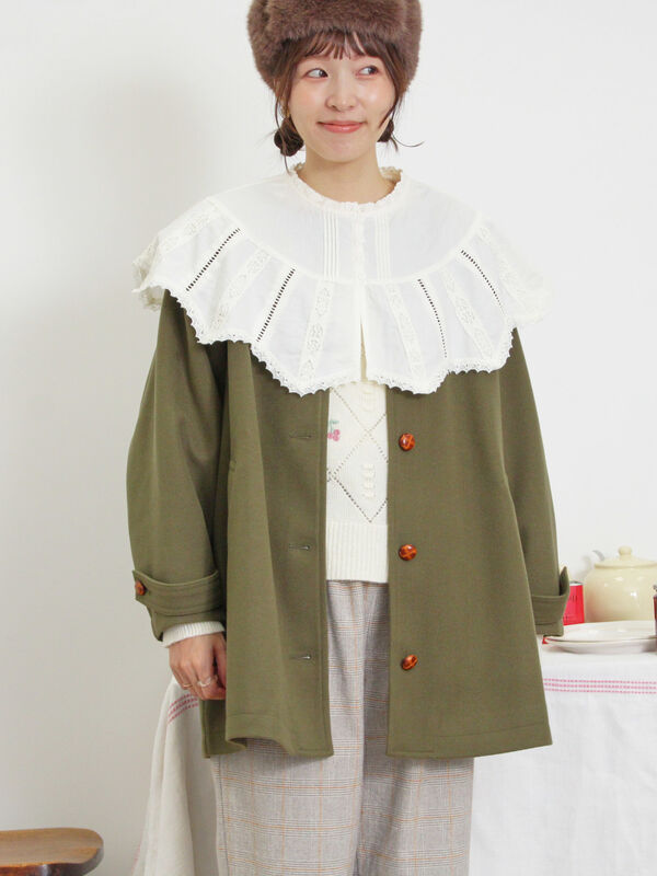 セール】 ウーリーライクミドル丈クルーネックコート（ブルー/アウター