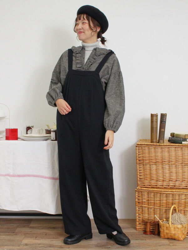 セール】 ウール混タックサロペット（ブラック/ワンピース/サロペット