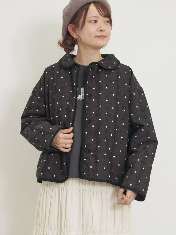 セール】 中綿花柄刺繍パイピングジャケット（チャコールグレー