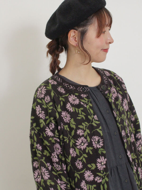 セール】 花柄ジャカードカーディガン（ブラック/ベージュ/グリーン