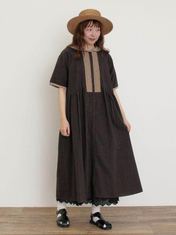 セール】 【S/Mサイズ】セーラー襟前立てレース配色ワンピース（ダーク