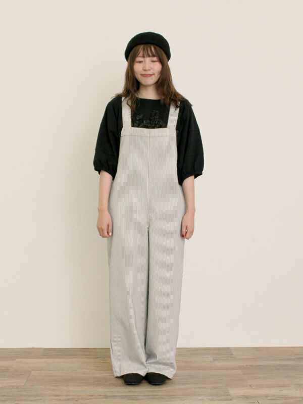 セール】 刺繍デニム/ヒッコリーサロペットパンツ（オフホワイト