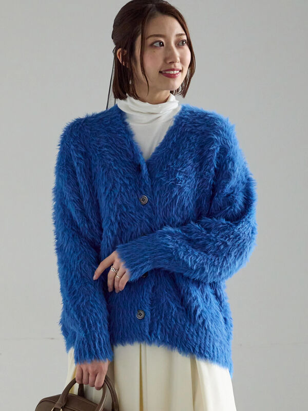 セール】 シャギーVネックカーディガン（グレー/キャメル/ブルー