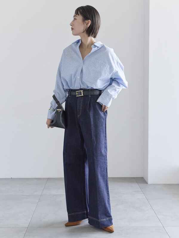 ワイドデニムパンツ（サックスブルー/ネイビー/ボトムス/パンツ）| Te