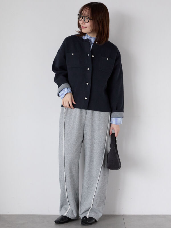 パール釦バイカラーニットカーディガン（オフホワイト/グレー/ベージュ