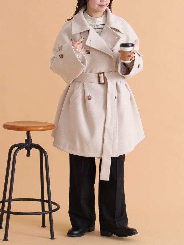 セール】 ベルト付スタンドカラーコート（チャコールグレー/モカ