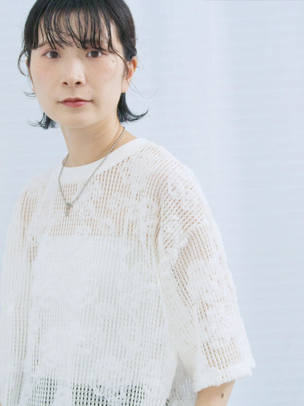 セール】 チュールフラワーコードTシャツ（オフホワイト/グレー