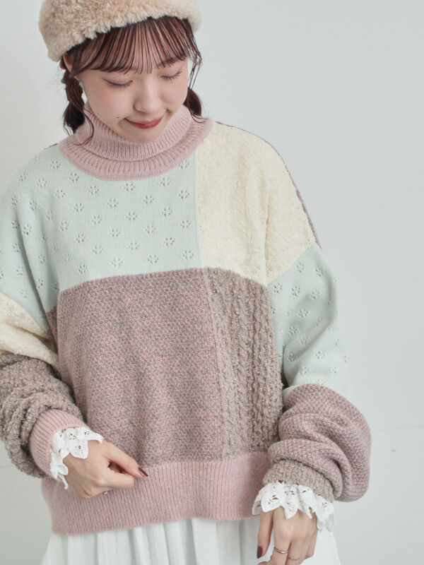 セール】 パッチワークスタンドカラーニット（ピンク/レッド/トップス