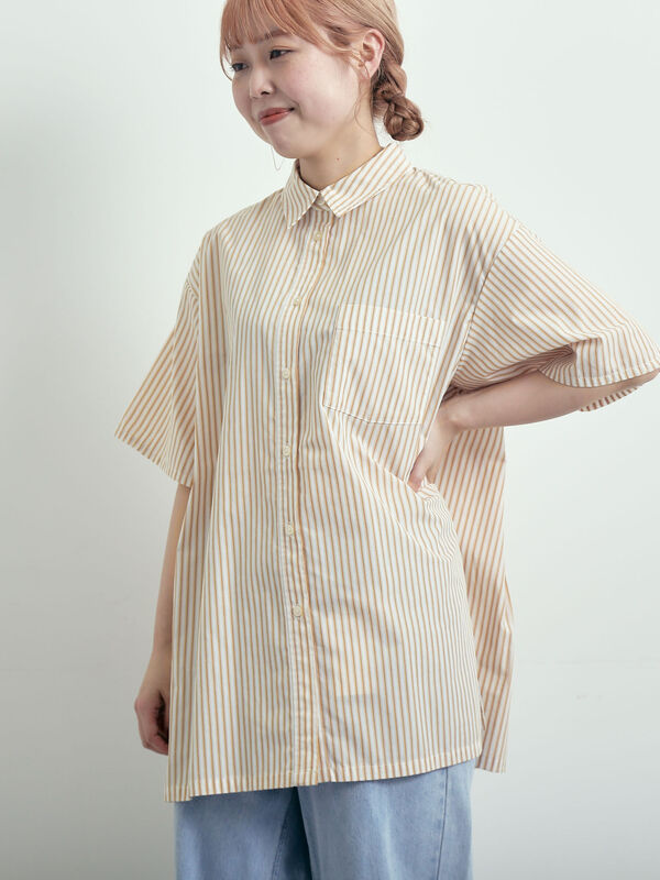 セール】 ストライプ柄ビッグシャツ（ベージュ/イエロー/グリーン