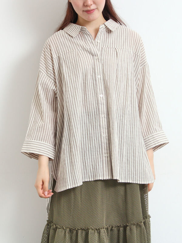 セール】 ストライプ柄七分袖シャツ（チャコールグレー/ブラウン