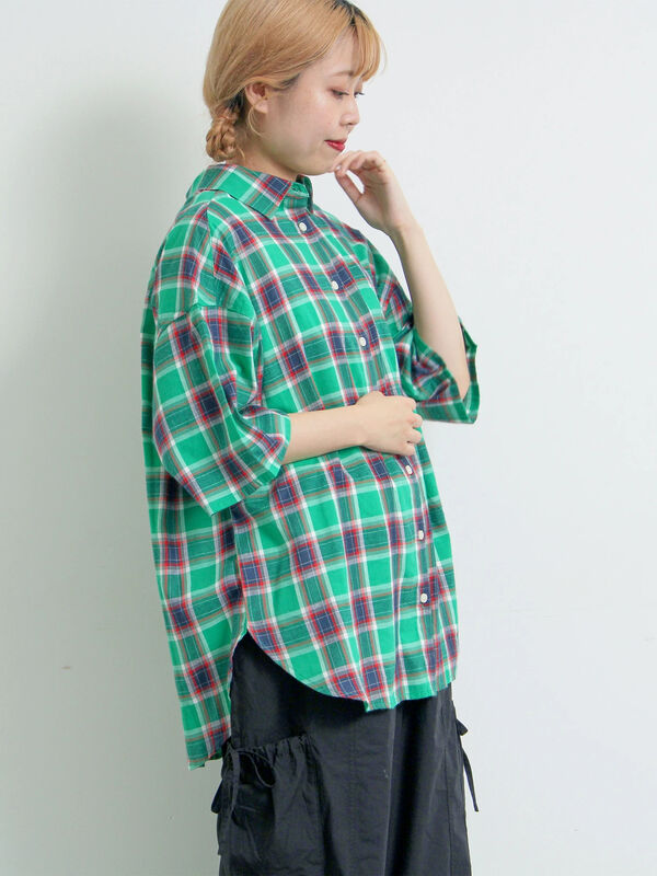 セール】 [接触冷感]チェック柄アソート半袖シャツ（ピンク/グリーン