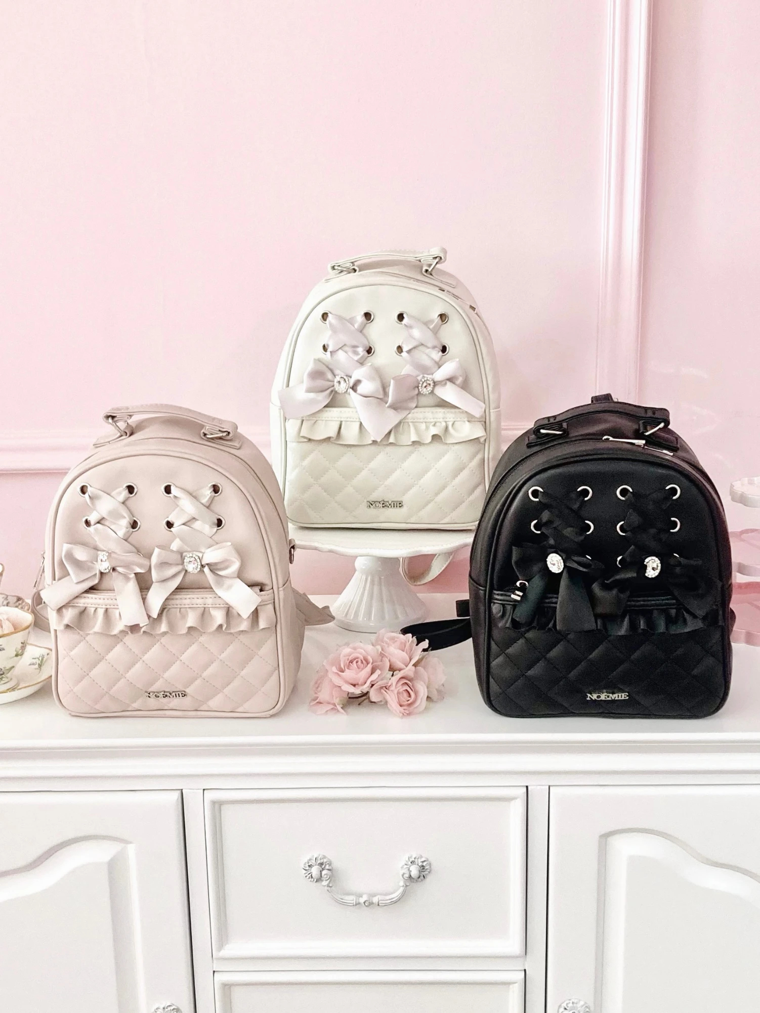 レースアップキルティングリュック（リュック｜黒・ピンク・アイボリー