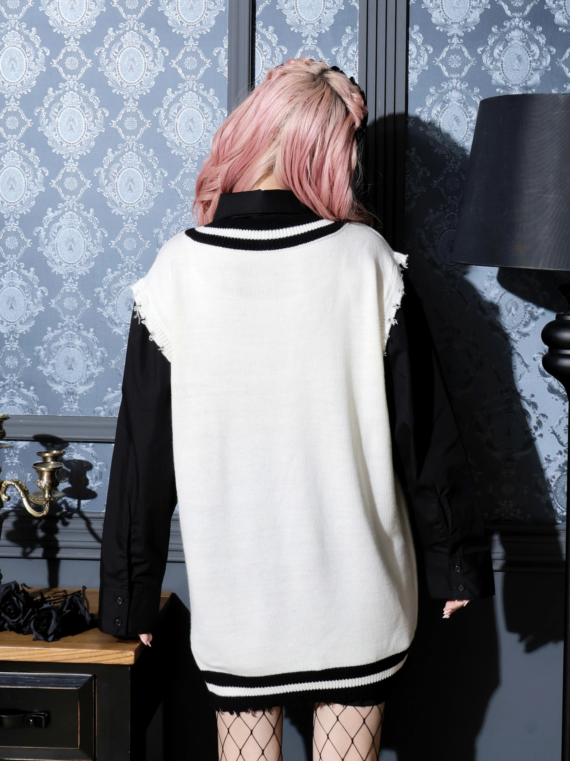 ケーブルフェイクレイヤーユニセックスニットベスト（チュニック｜オフ