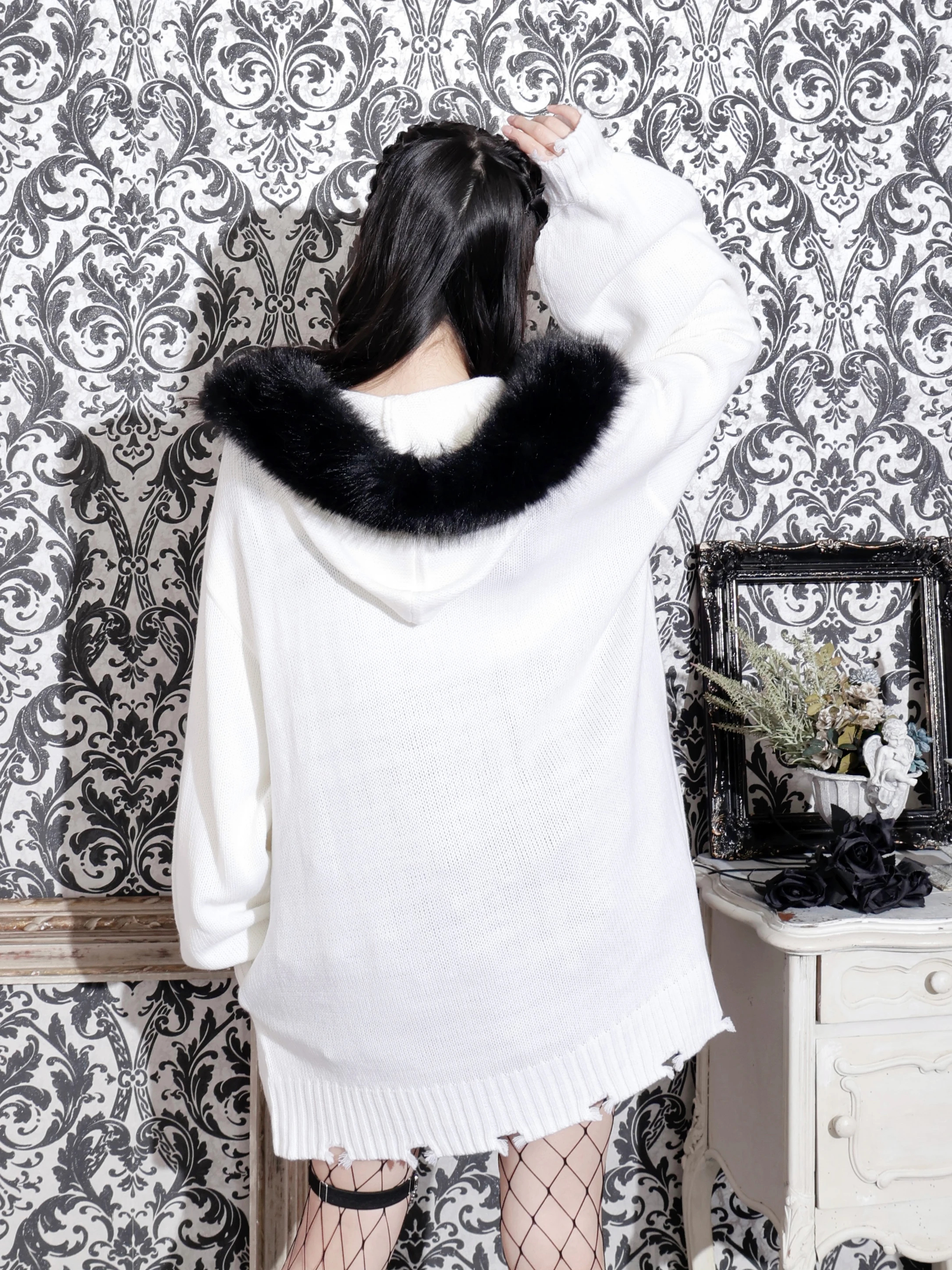 フードファーダメージユニセックスニットZIPパーカー（パーカー｜紫