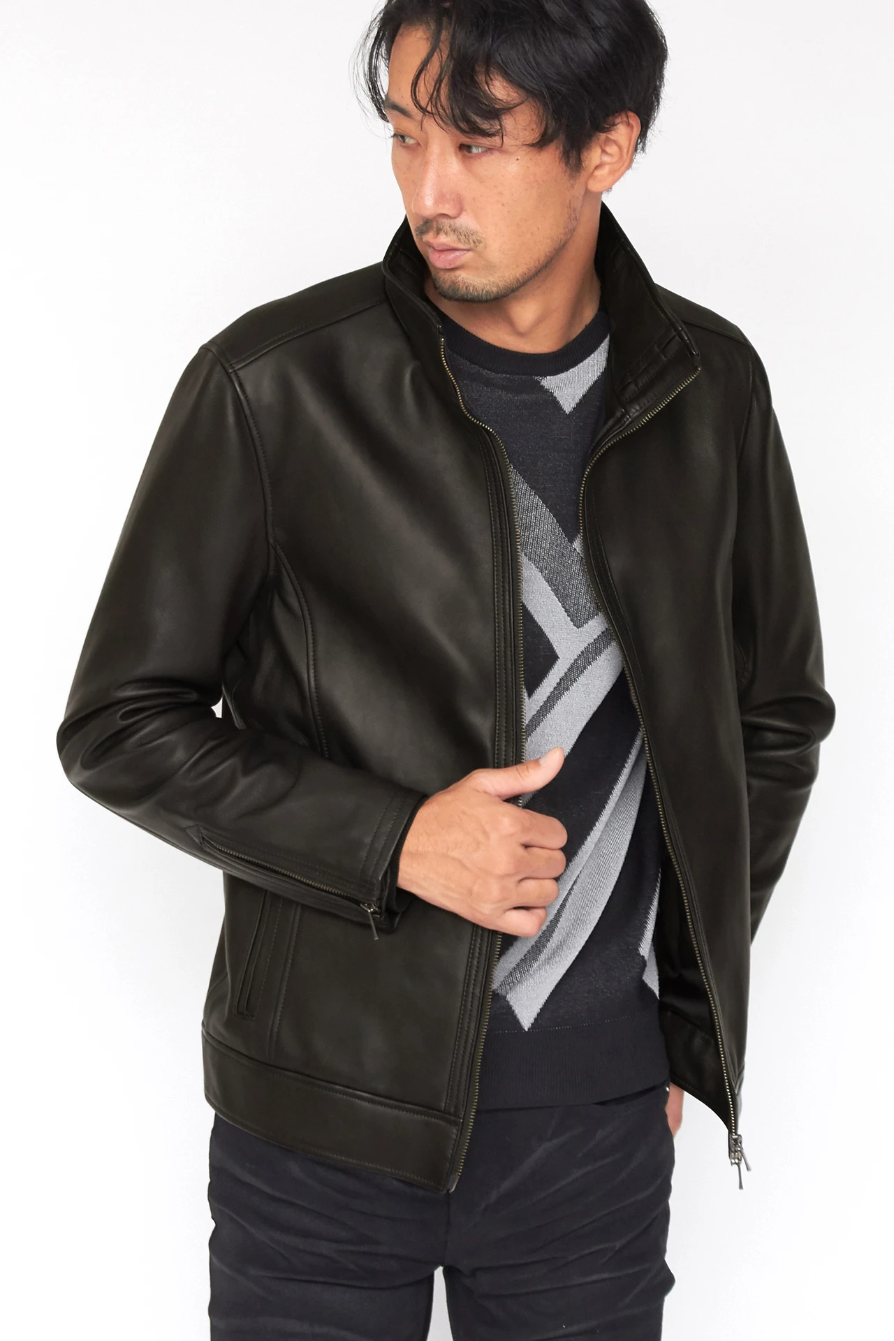 HIGH STREET∴ラビットファーカラーラムレザースタンドブルゾン / HIGH