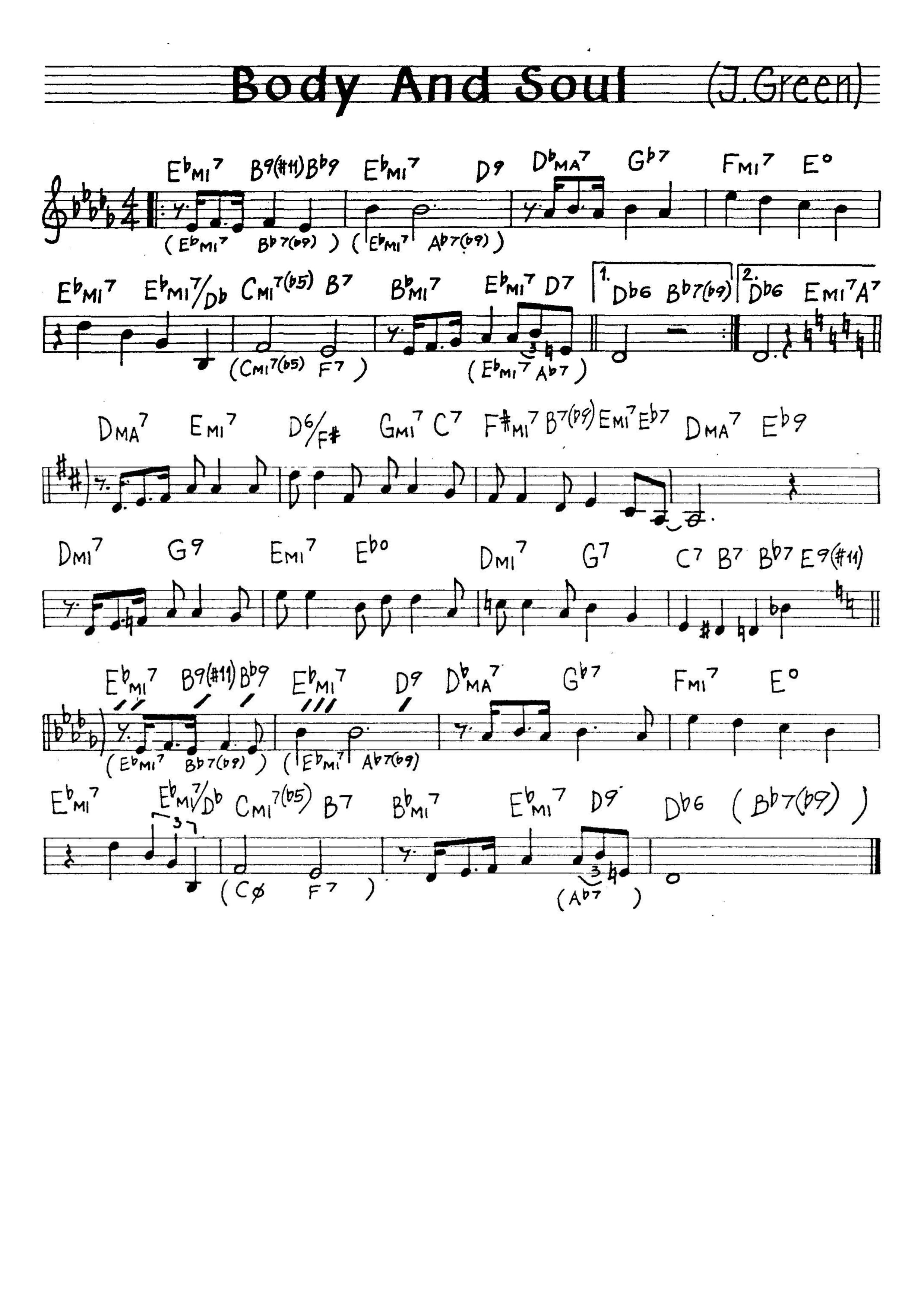 無料楽譜】Body And Soul（身も心も）／Green J.【JAZZ】