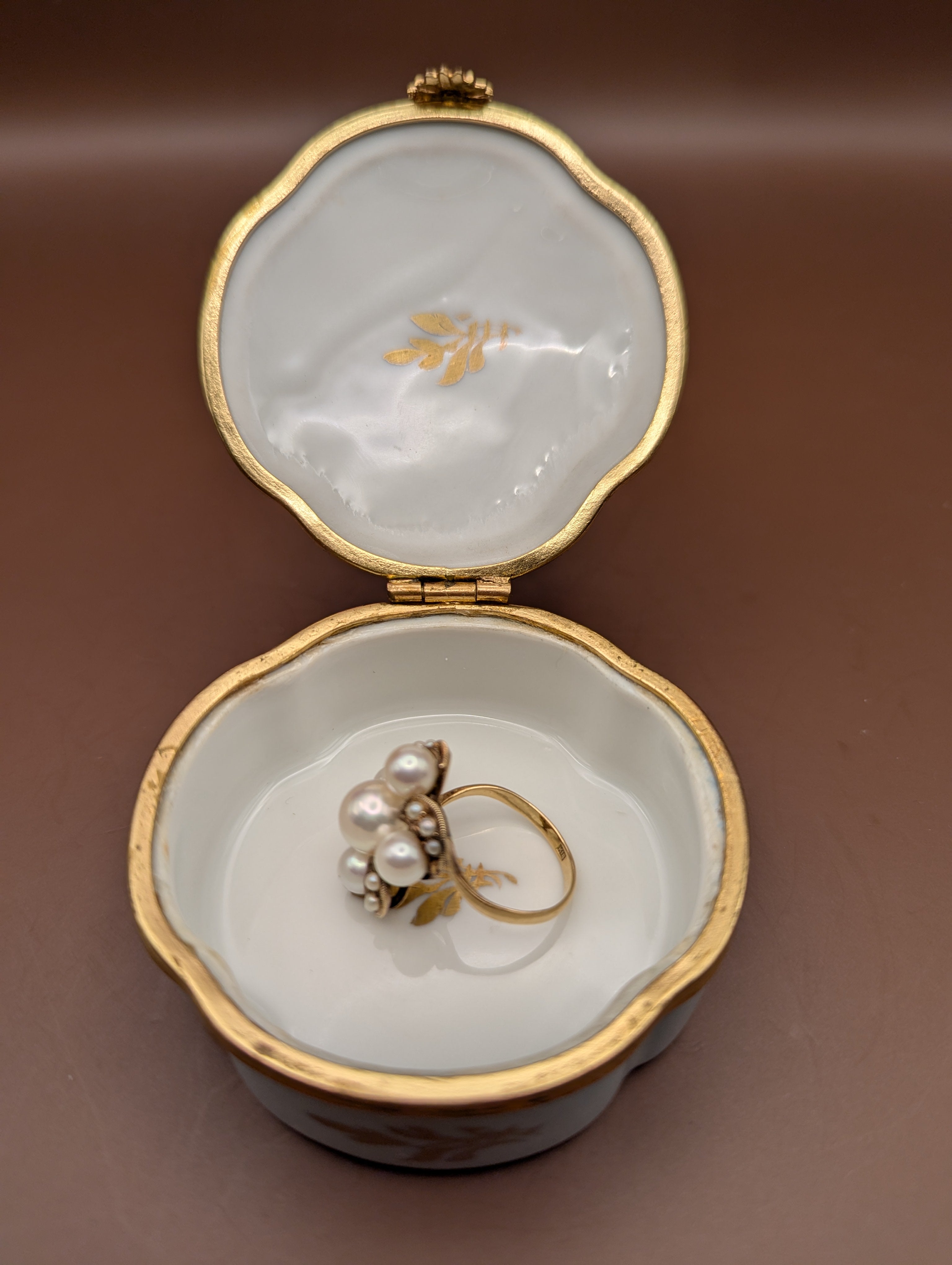 リモージュボックス ターコイズブルー | 手描き花柄・金彩 | フランス