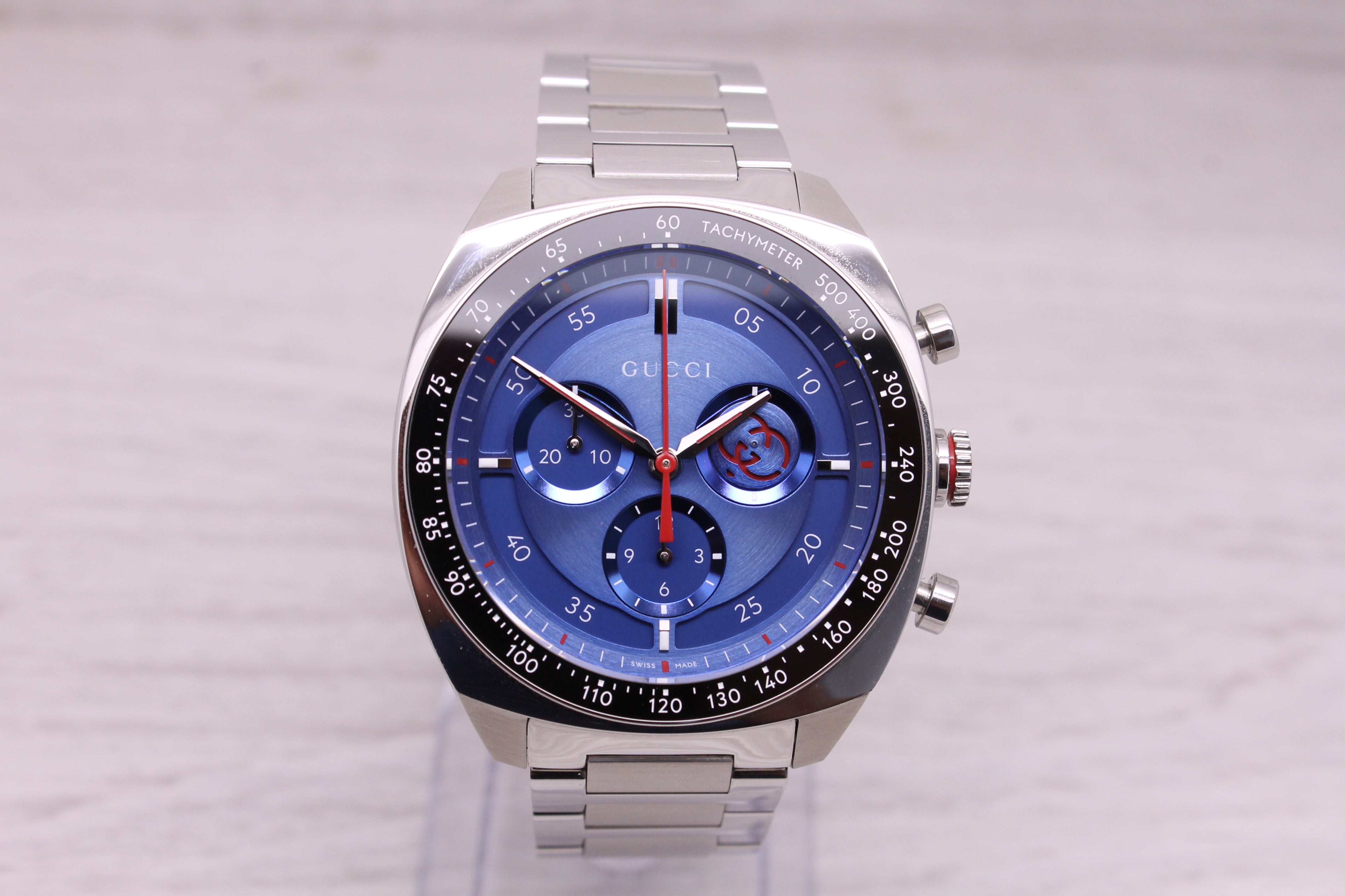 Gucci Interlocking 41mm Mens Steel Quartz Chronograph Watch Blue w/ Bo