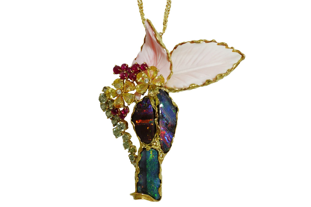 Boulder Opal K18ボルダーオパール コンクシェル ルビー イエロー