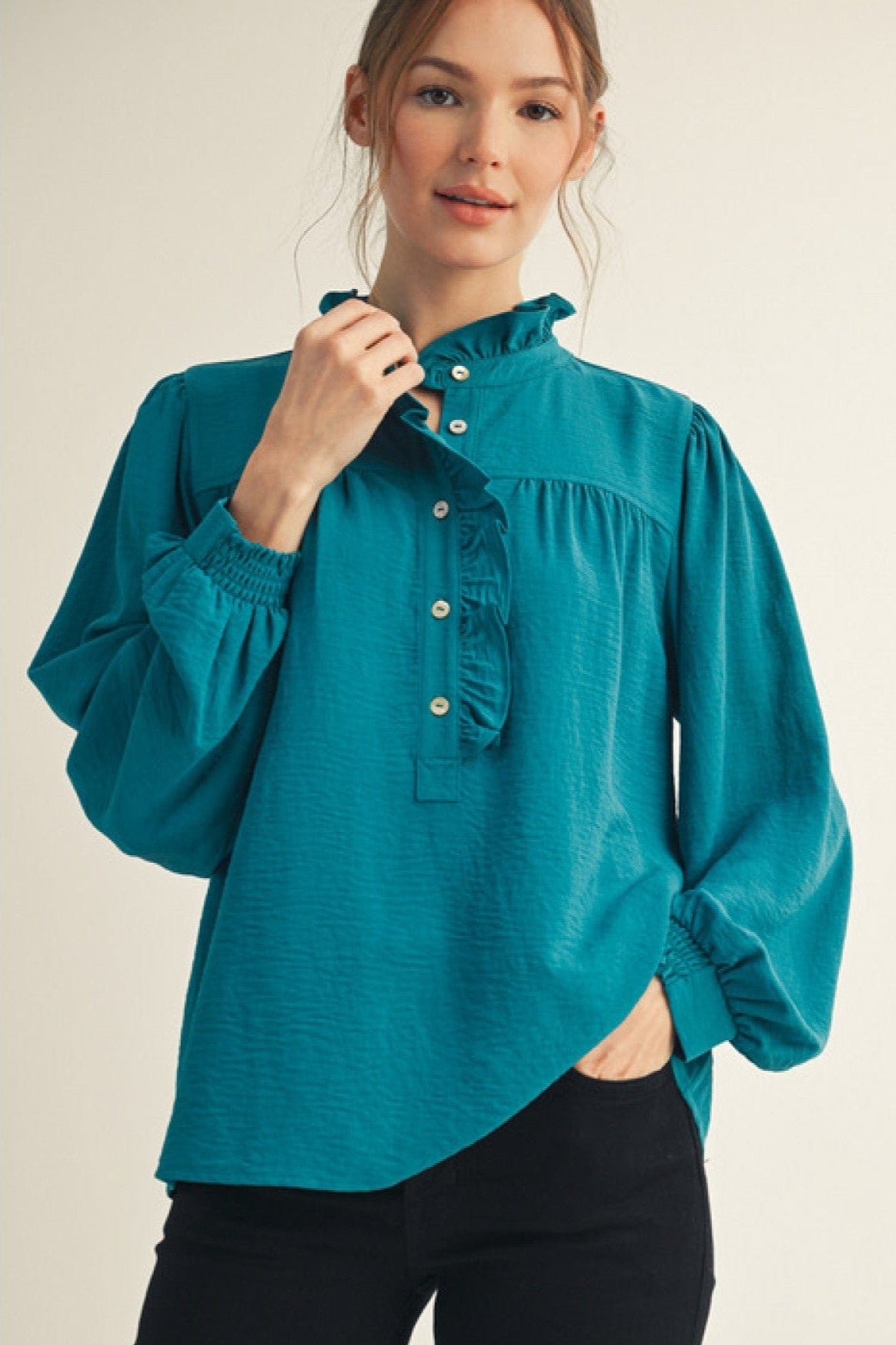 Jodifl Long Sleeve Wrap Around Ruffle Button Placket and Mock Neck