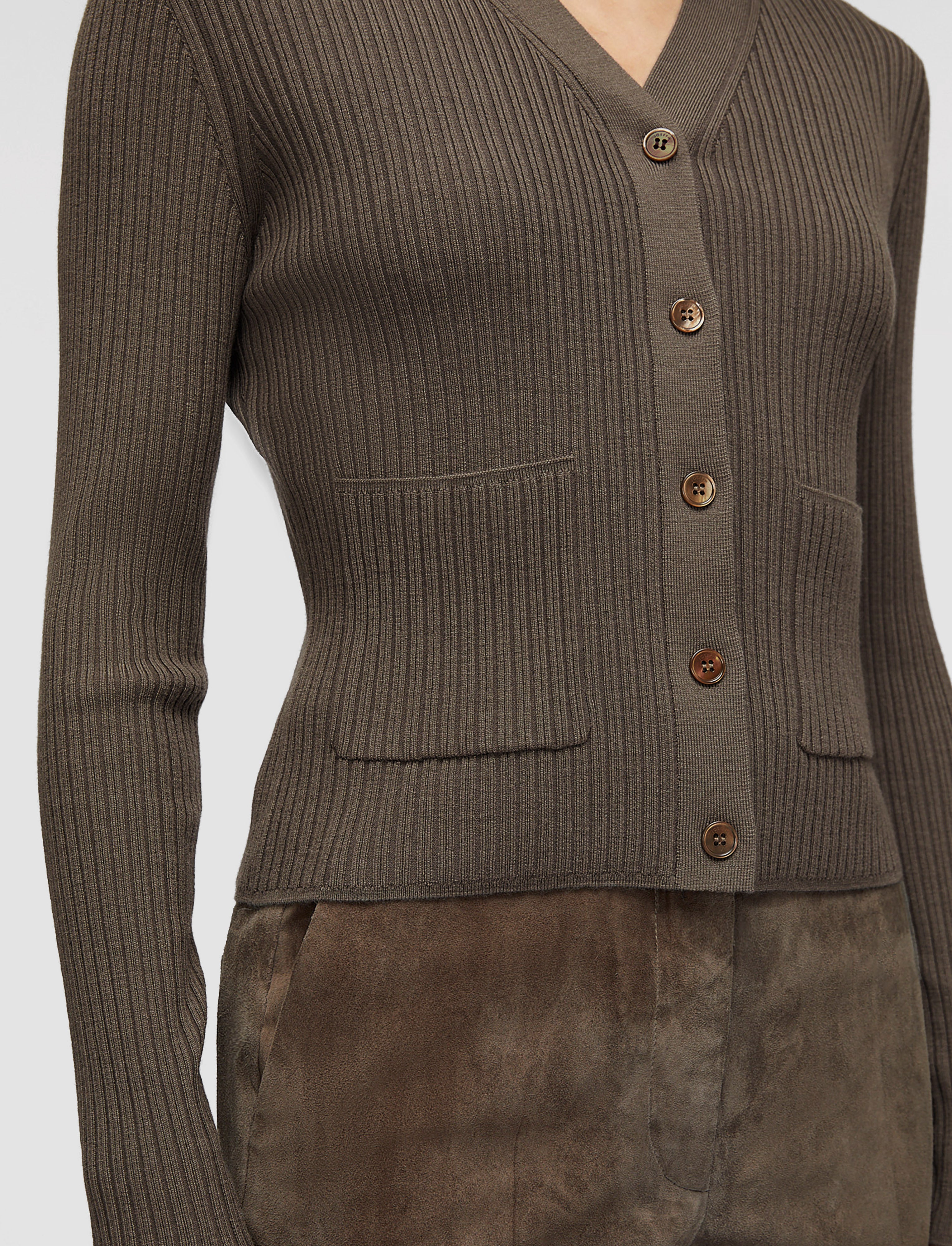 Merino Rib Knit Cardigan in Brown | JOSEPH US