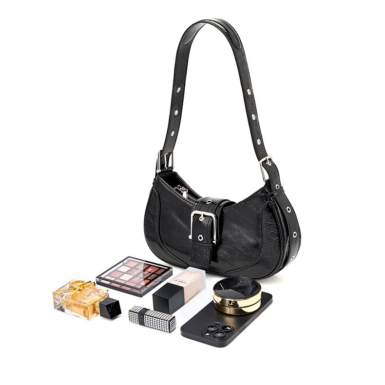 ブラック レザー Y2K スタイル バックル ショルダー ホーボー バッグ