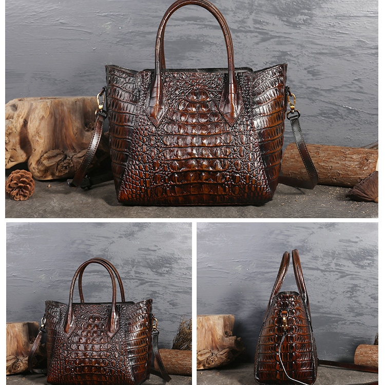 ブラウン クロコ型押し レザー トート バッグ レトロ ハンドバッグ