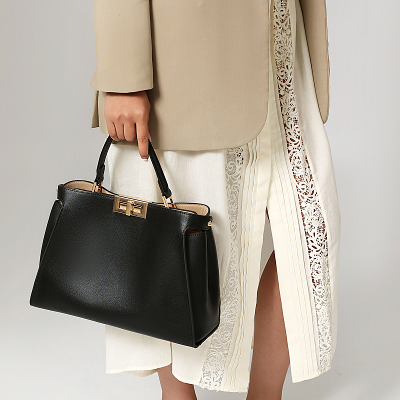 通勤 オフェンス レディース レザー ハンドバッグ 本革 黒バッグ