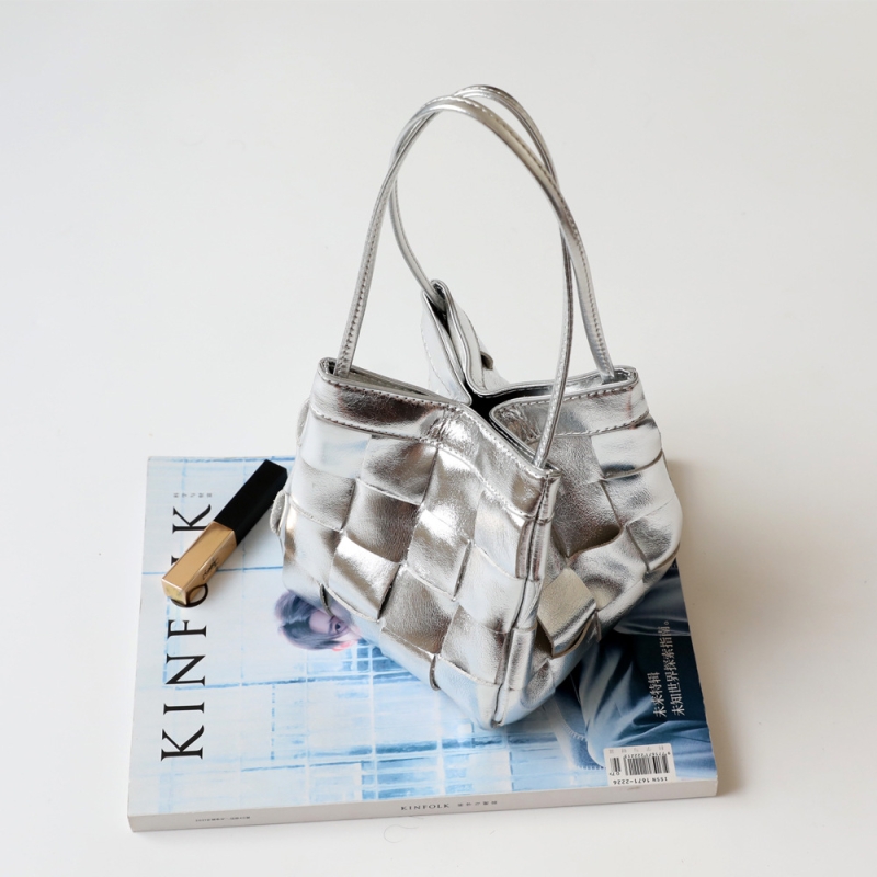 シルバー レザー 編み込み キューブバッグ ミニ トート ハンドバッグ