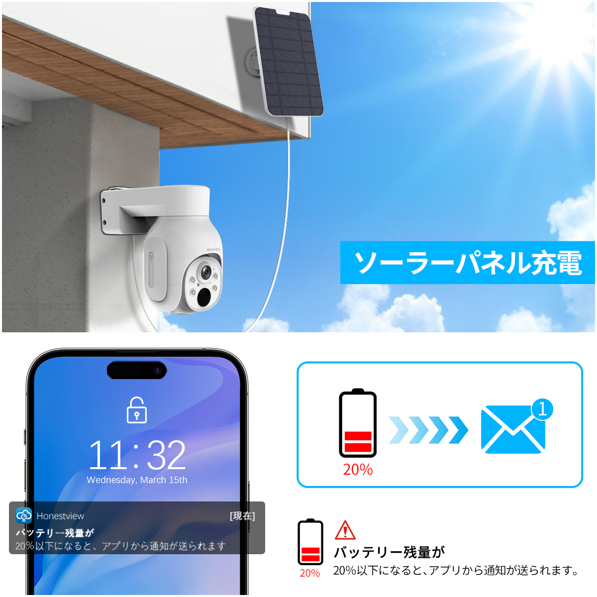 ソーラーパネル充電・双方向通話・PTZ】 OOSSXX ワイヤレス 防犯カメラ