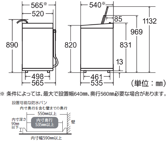 全自動洗濯機（ES-GE4D/ES-GE5D、他）｜本体寸法図/寸法図の見方：シャープ