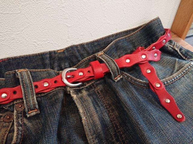 ナローベルト レザーチェーンデザインベルト 栃木レザー【レッド