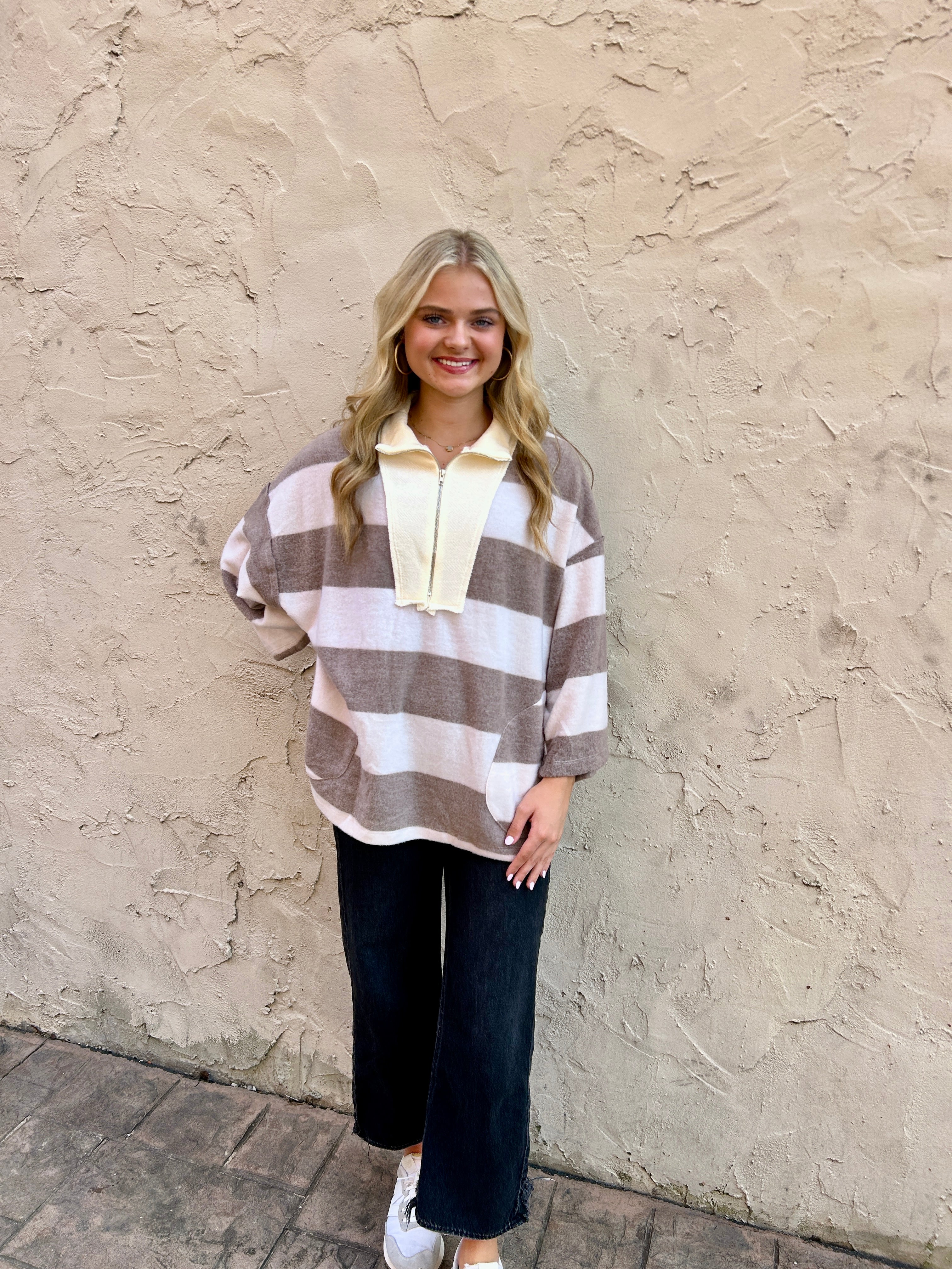 BucketList Half Zip Striped Brushed Knit Pullover Top in Brown