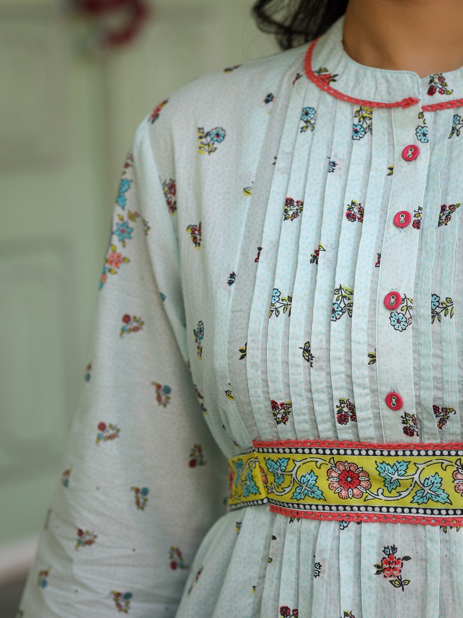 Sky Blue Floral Printed Lacy Peplum Tunic with Tie-Up | Juniper