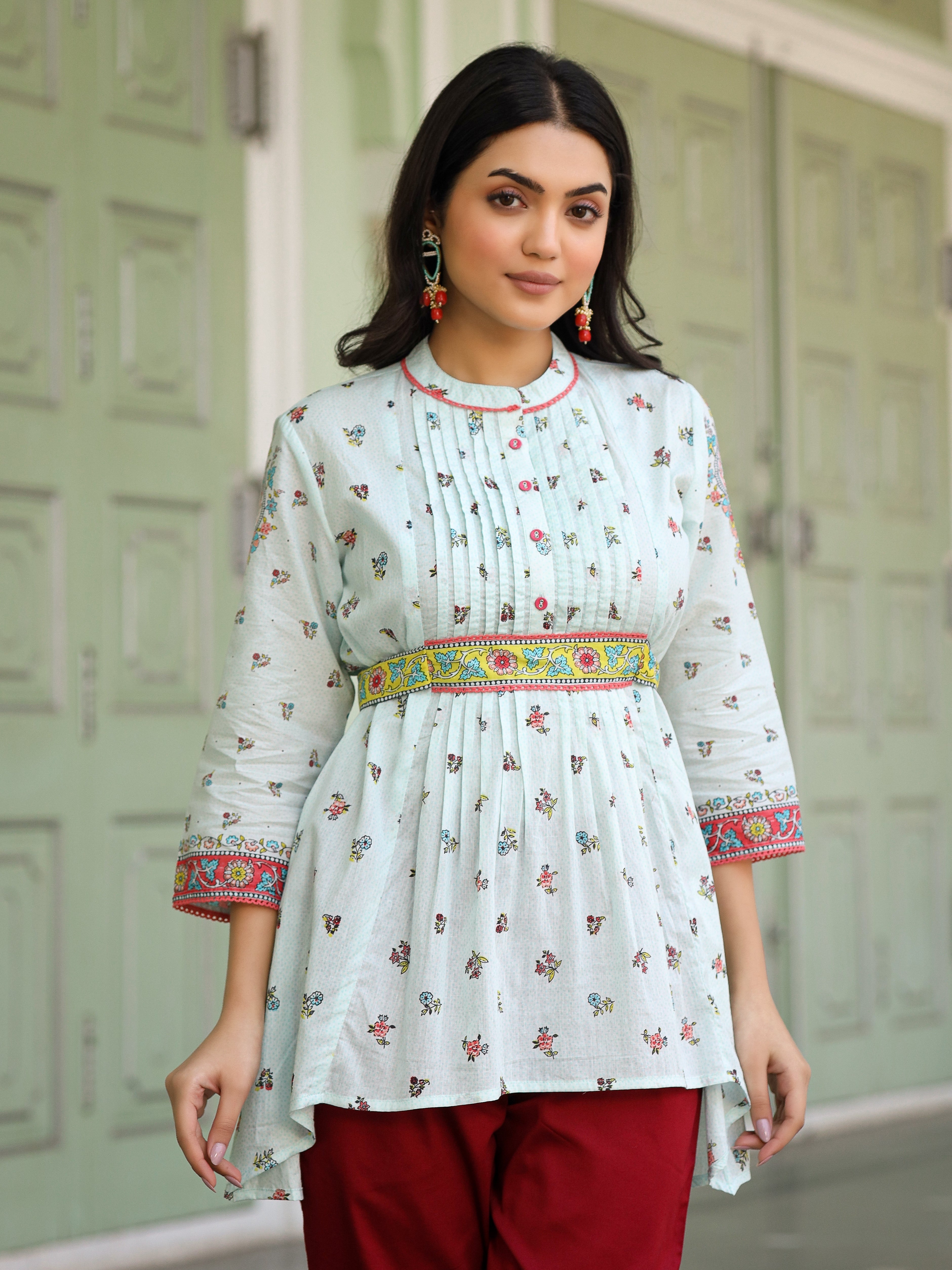 Sky Blue Floral Printed Lacy Peplum Tunic with Tie-Up | Juniper