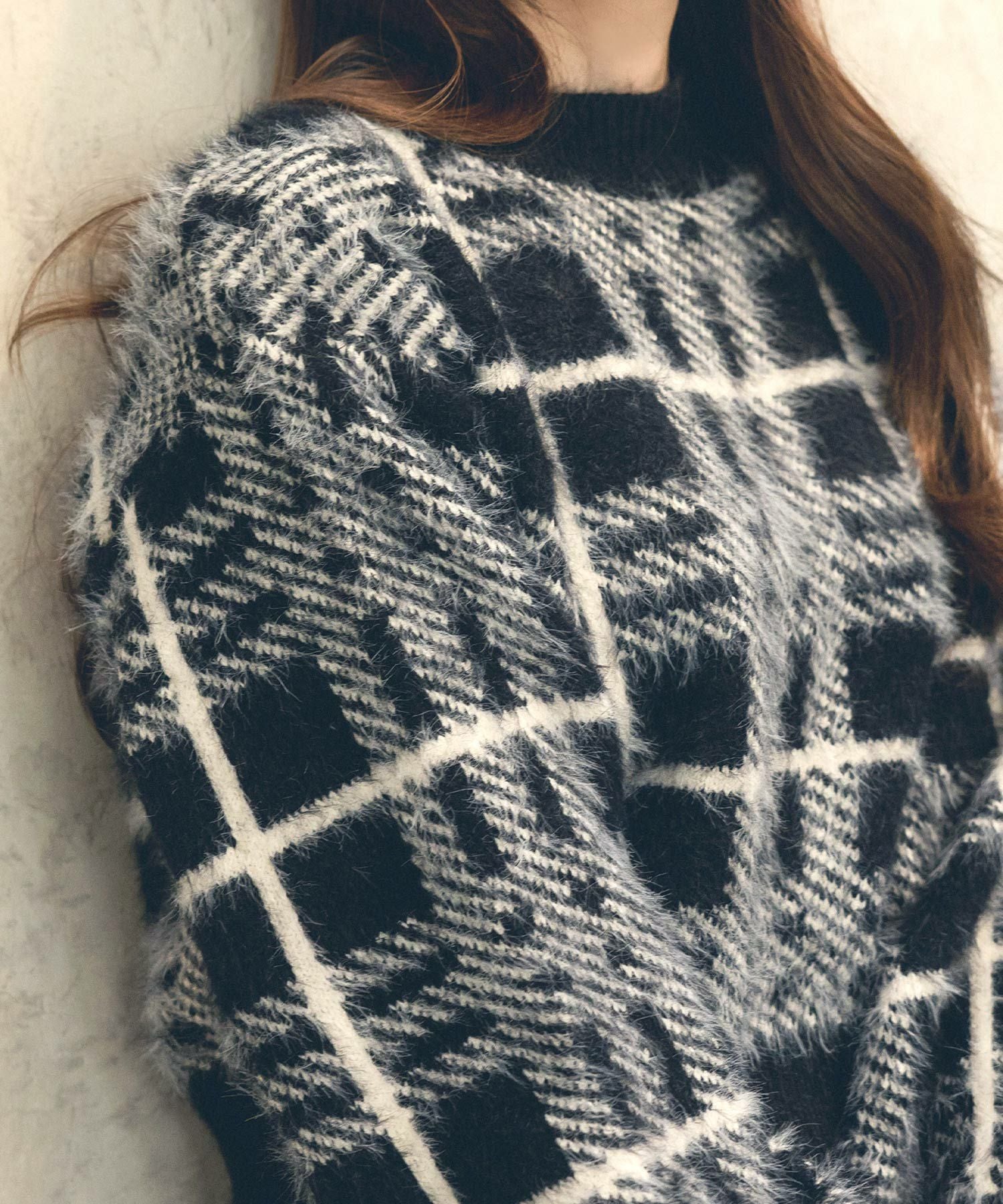 チェック柄シャギータッチニットトップス×ミニスカートセットアップ