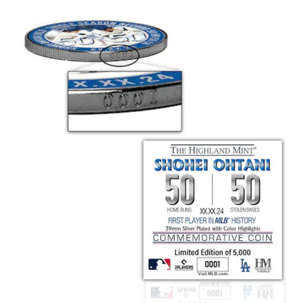 大谷翔平 50本塁打 50盗塁 達成記念品 シルバープレートコイン 39mm 50