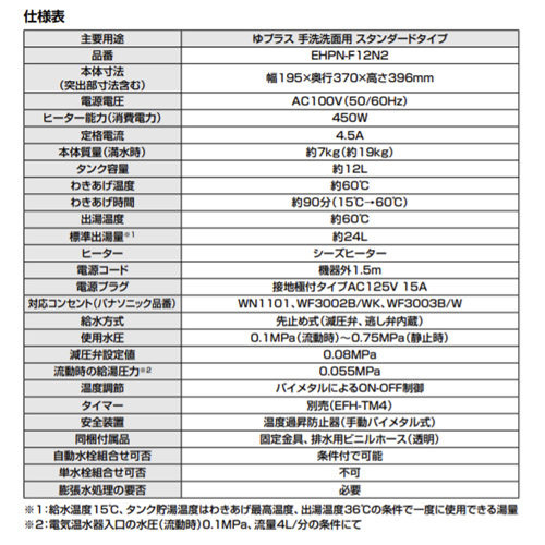 EHPN-F12N2｜LIXIL小型電気温水器 ゆプラス[床置設置][手洗洗面用]