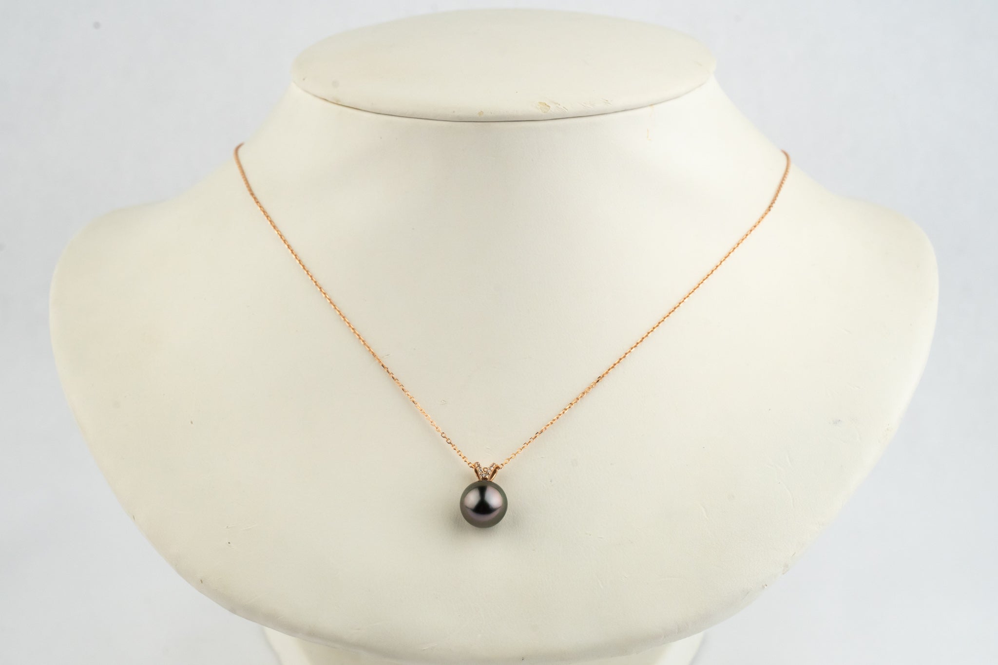 Aubergine Green Tahitian Pearl & Diamond Hoa Necklace on 14K Rose