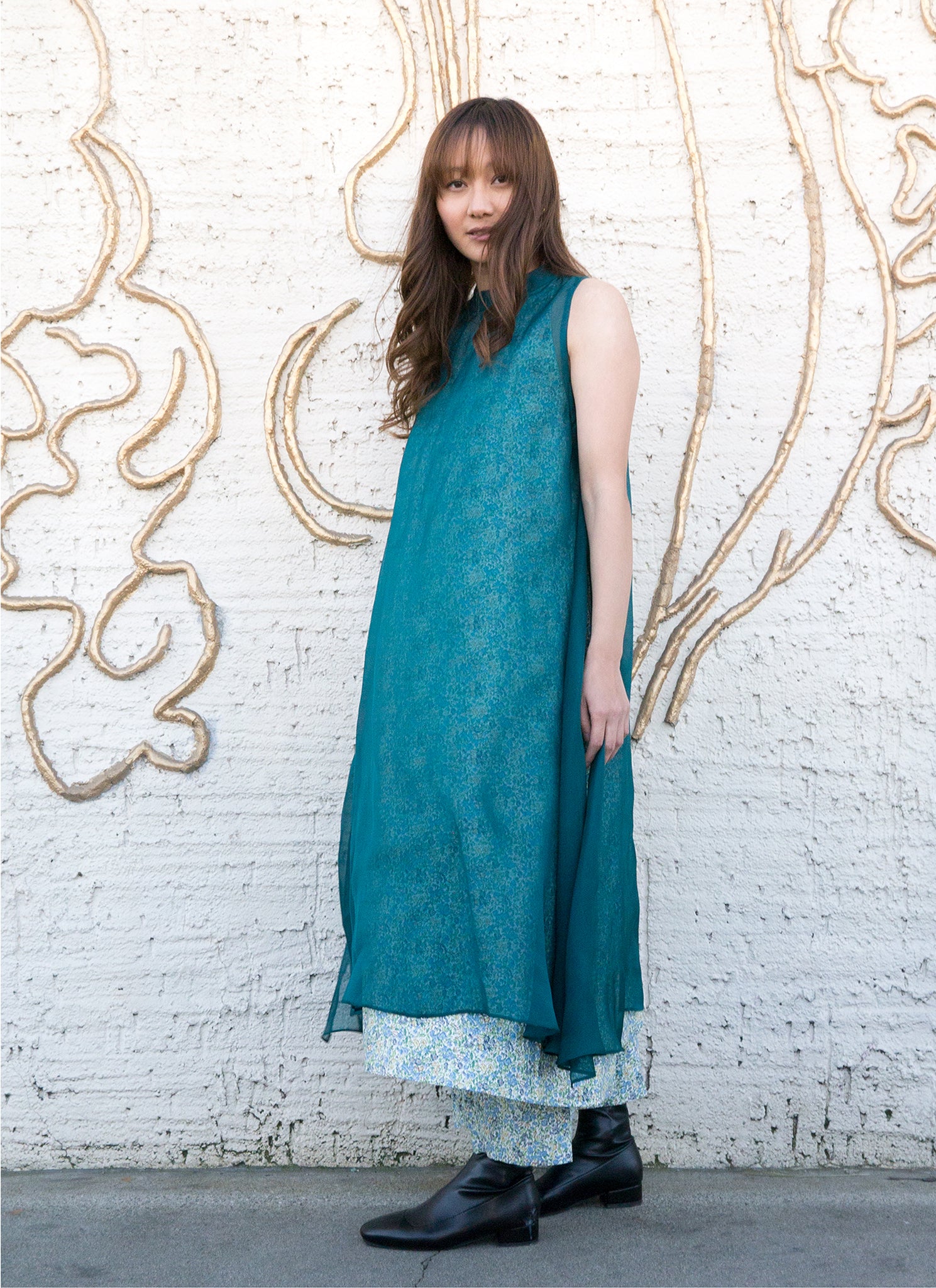 KAAREM - Glass Overlap Side Slit Organza Silk Dress - Turquoise