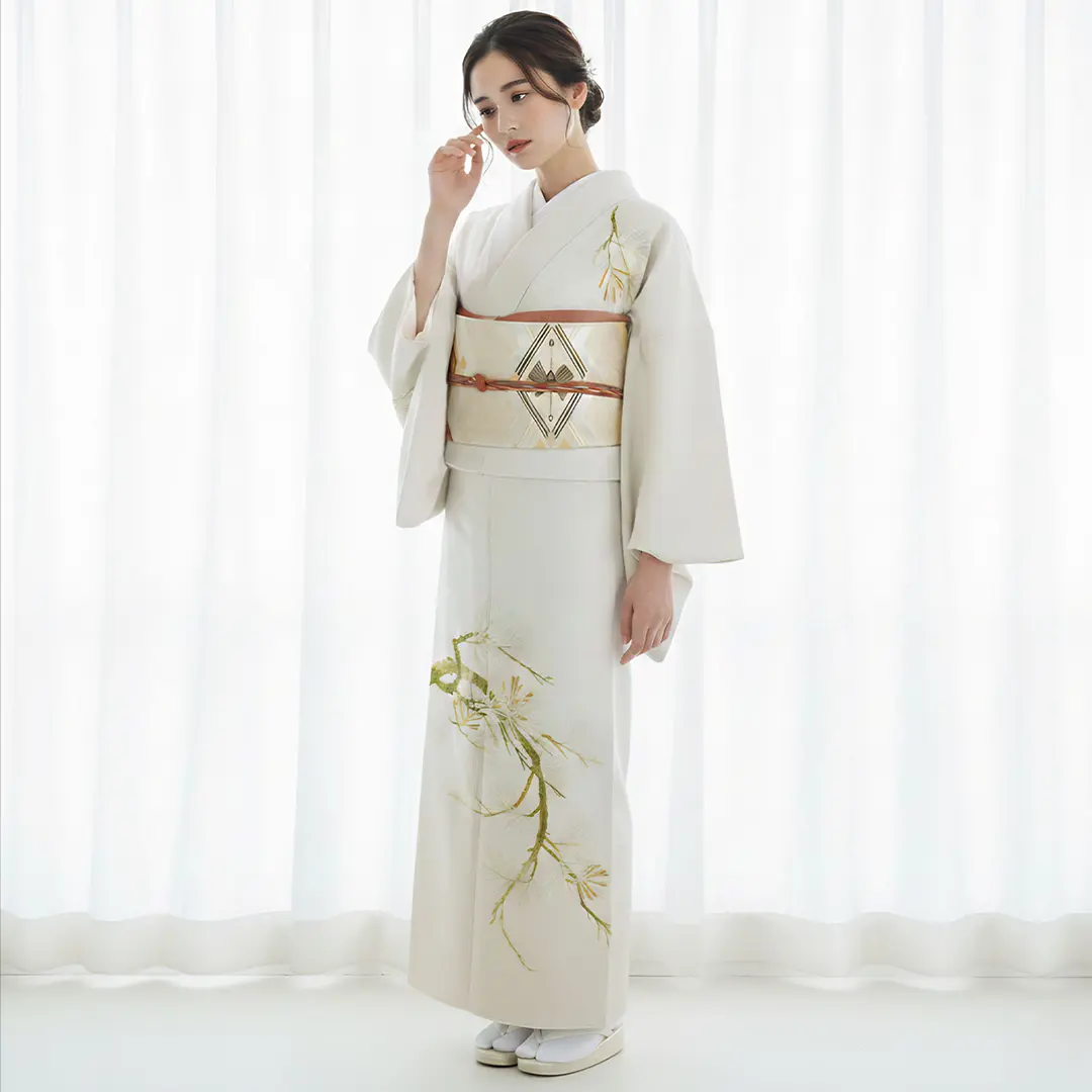 アイボリー地に松枝柄の付下訪問着(袷) | 宅配着物レンタルの京都かし