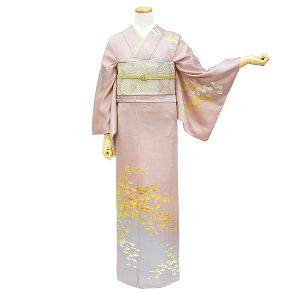 ピンク地に黄色と白の雀蘭の訪問着(袷) | 宅配着物レンタルの京都かし