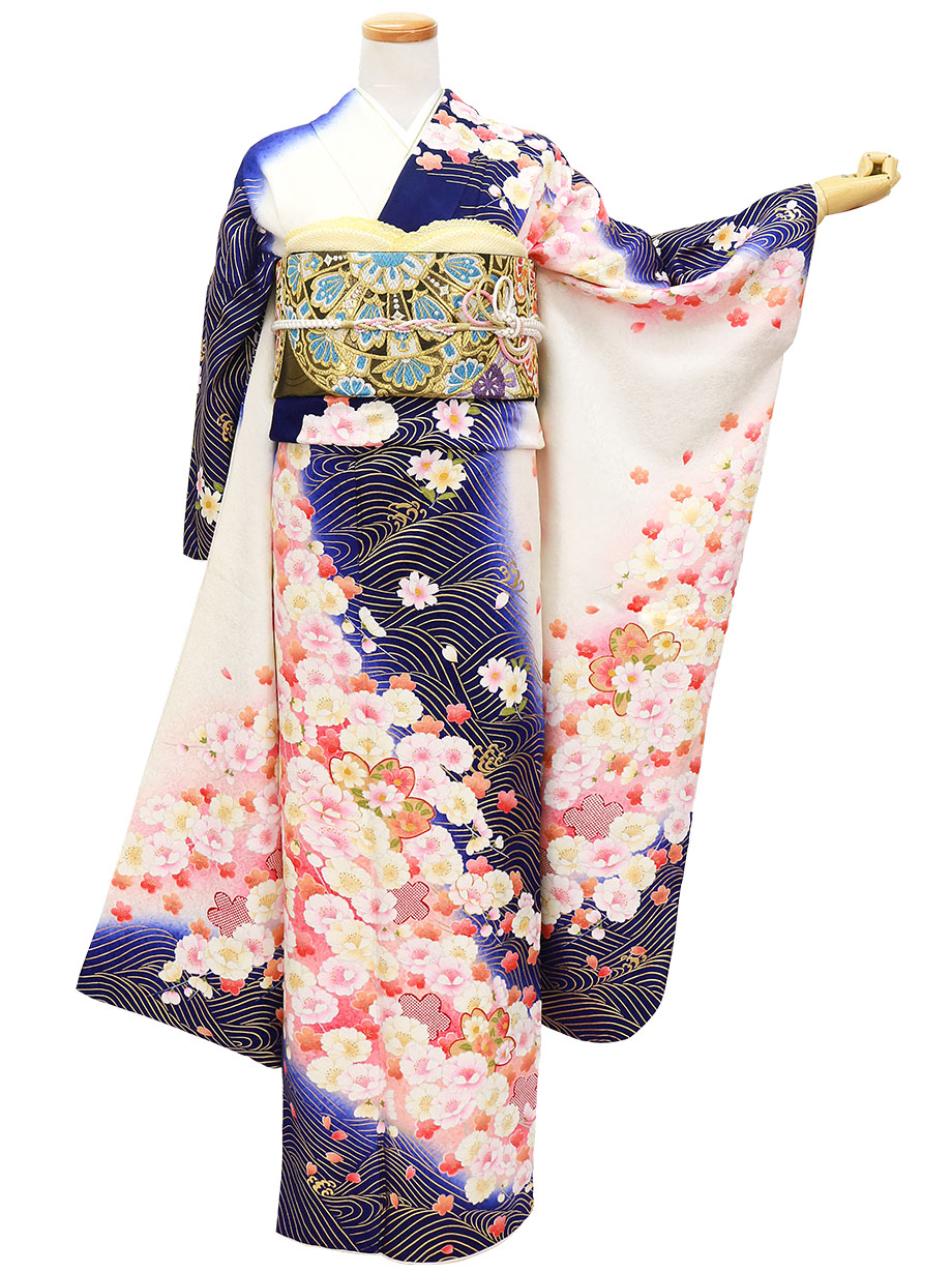 白と青地に流水と桜の振袖／標準サイズ | 宅配着物レンタルの京都かし