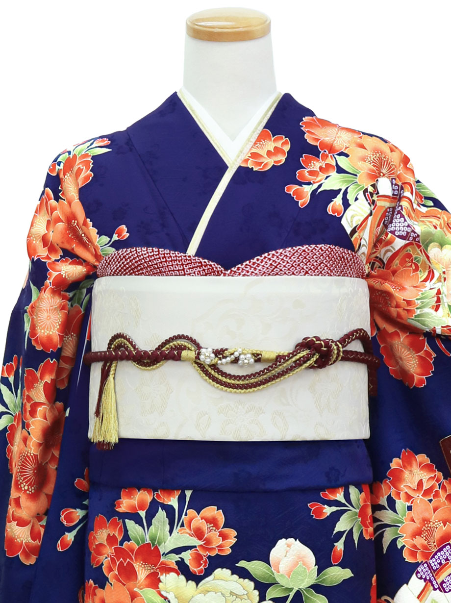 紺桔梗色に牡丹と檜扇文の振袖／トールサイズ | 宅配着物レンタルの