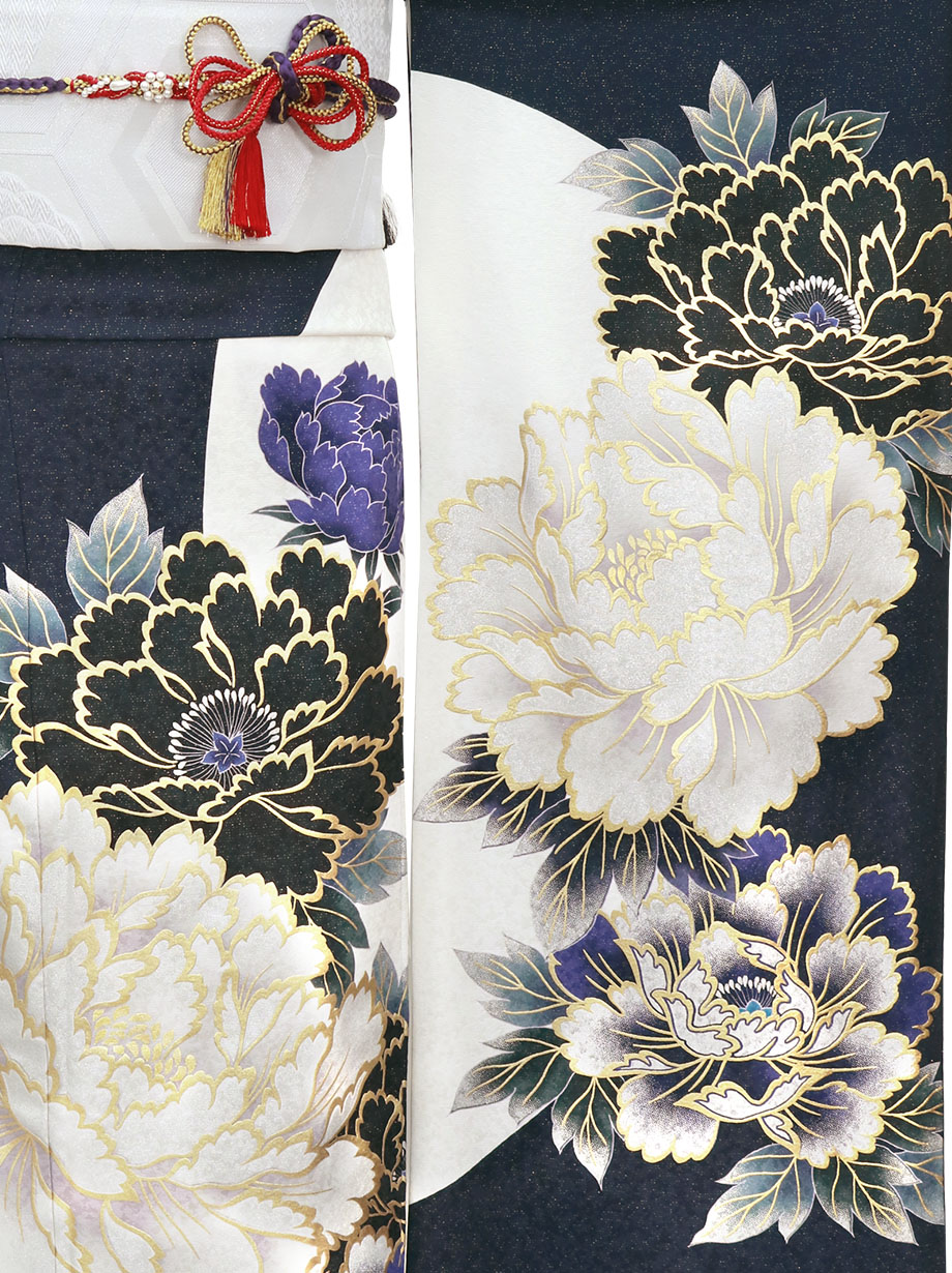 紺と白地に金糸の牡丹の振袖／標準サイズ | 宅配着物レンタルの京都か