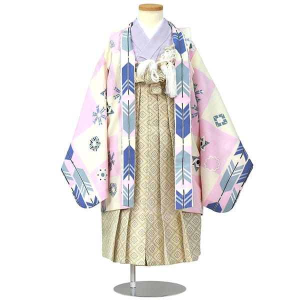 白と紫地の市松に矢羽根と雪模様、白グレーの袴／小さめサイズ／七五三